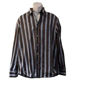 Bugatchi Button Down Shirt Men's Shaped Fit Long Sleeve XL Blue Copper Striped